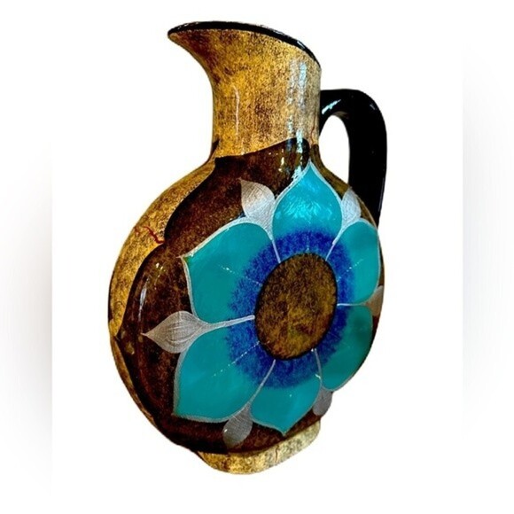 Mexican Cabo San Lucas Clay Pottery Floral Turquoise Pattern Pitcher By Domingo - Picture 2 of 12